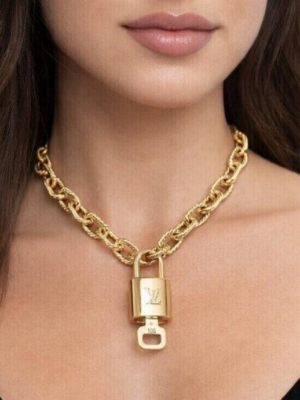 Authentic Louis Vuitton Lock and Key Gold Color with Gold Plated Chain Necklace